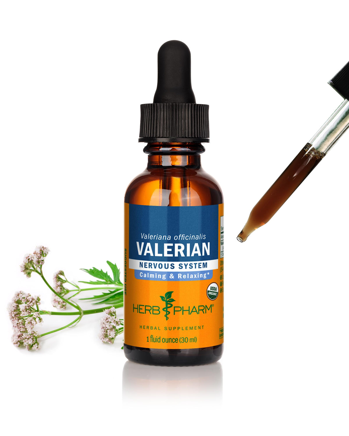 Herb Pharm frasco frontal mostrando la etiqueta y el beneficio relajante