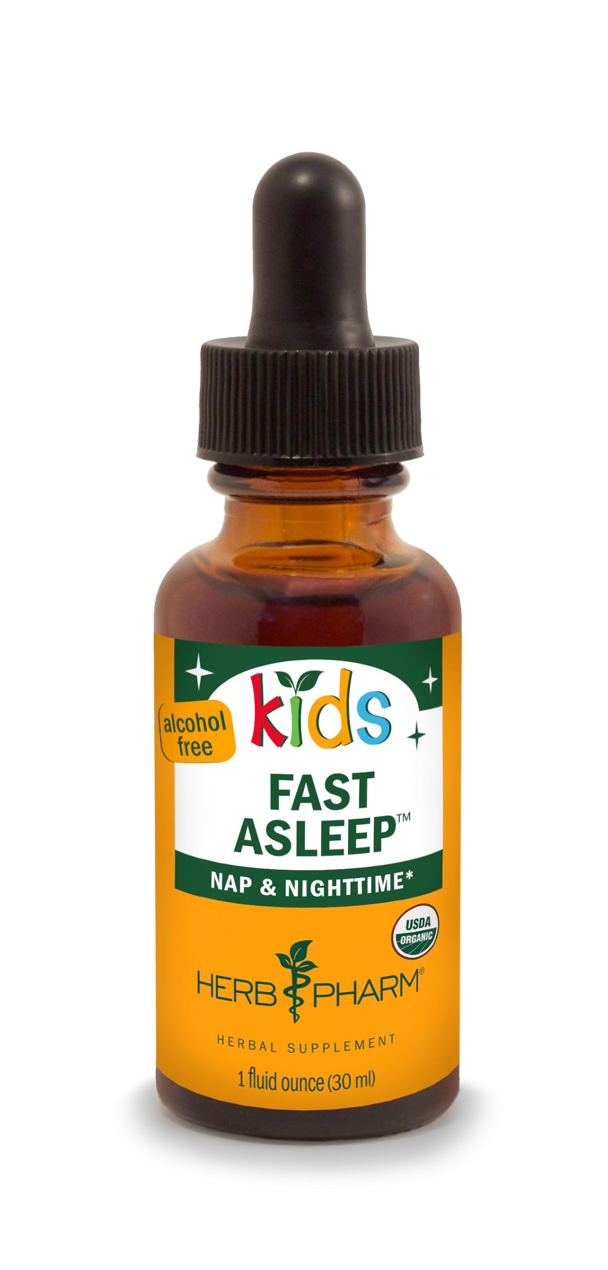 Herb Pharm frasco Fast Asleep vista frontal mostrando etiqueta clara y ventaja de uso fácil