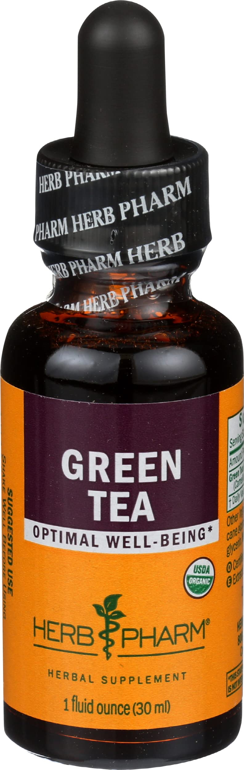 Herb Pharm botella frontal de extracto de té verde mostrando diseño y tamaño