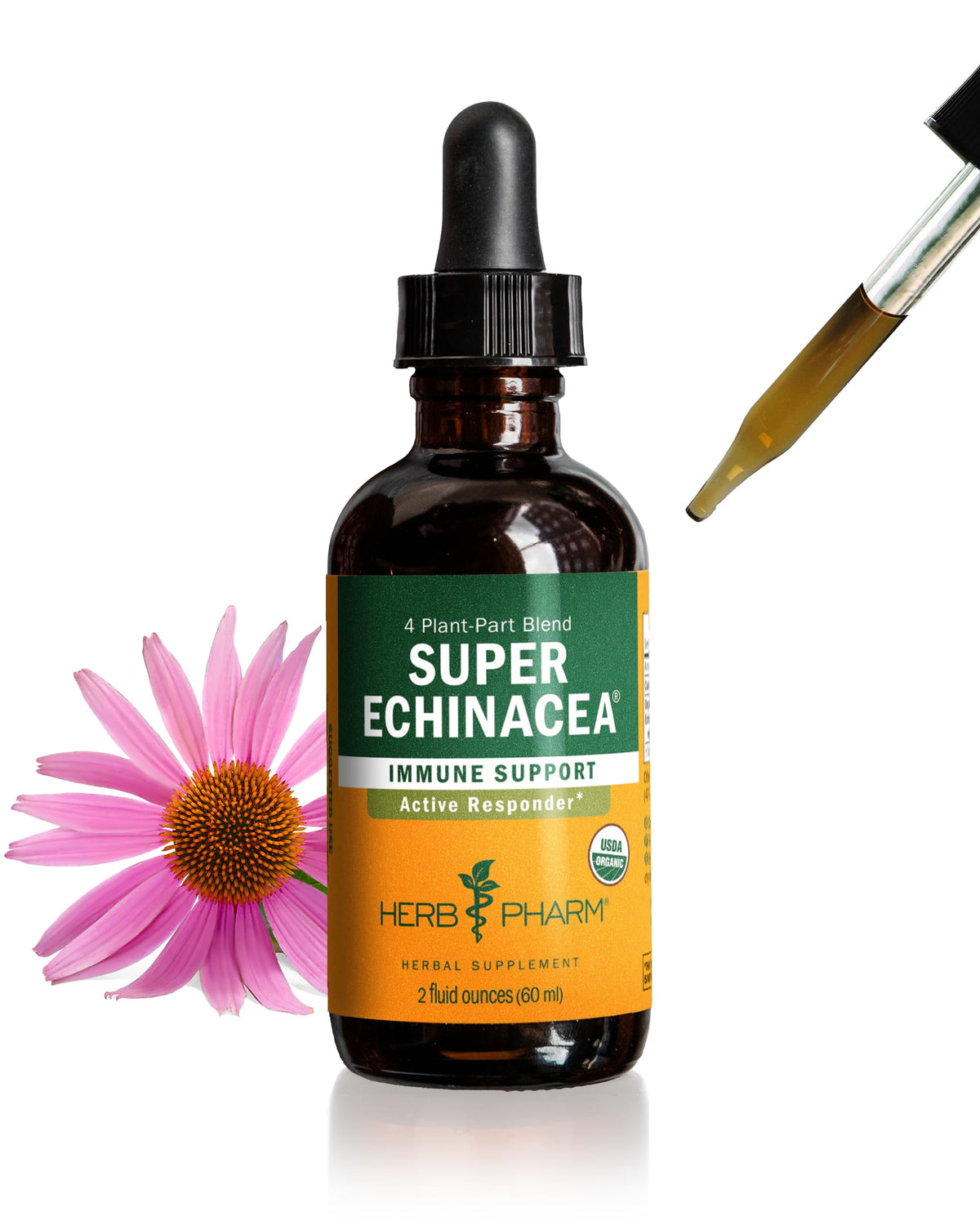 Herb Pharm frontal del producto mostrando botella y beneficios orgánicos