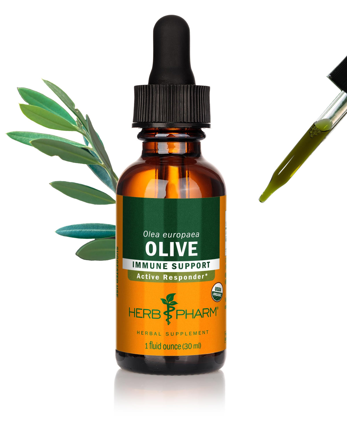 Herb Pharm envase frontal de extracto de hoja de olivo mostrando presentación y beneficio de almacenamiento práctico