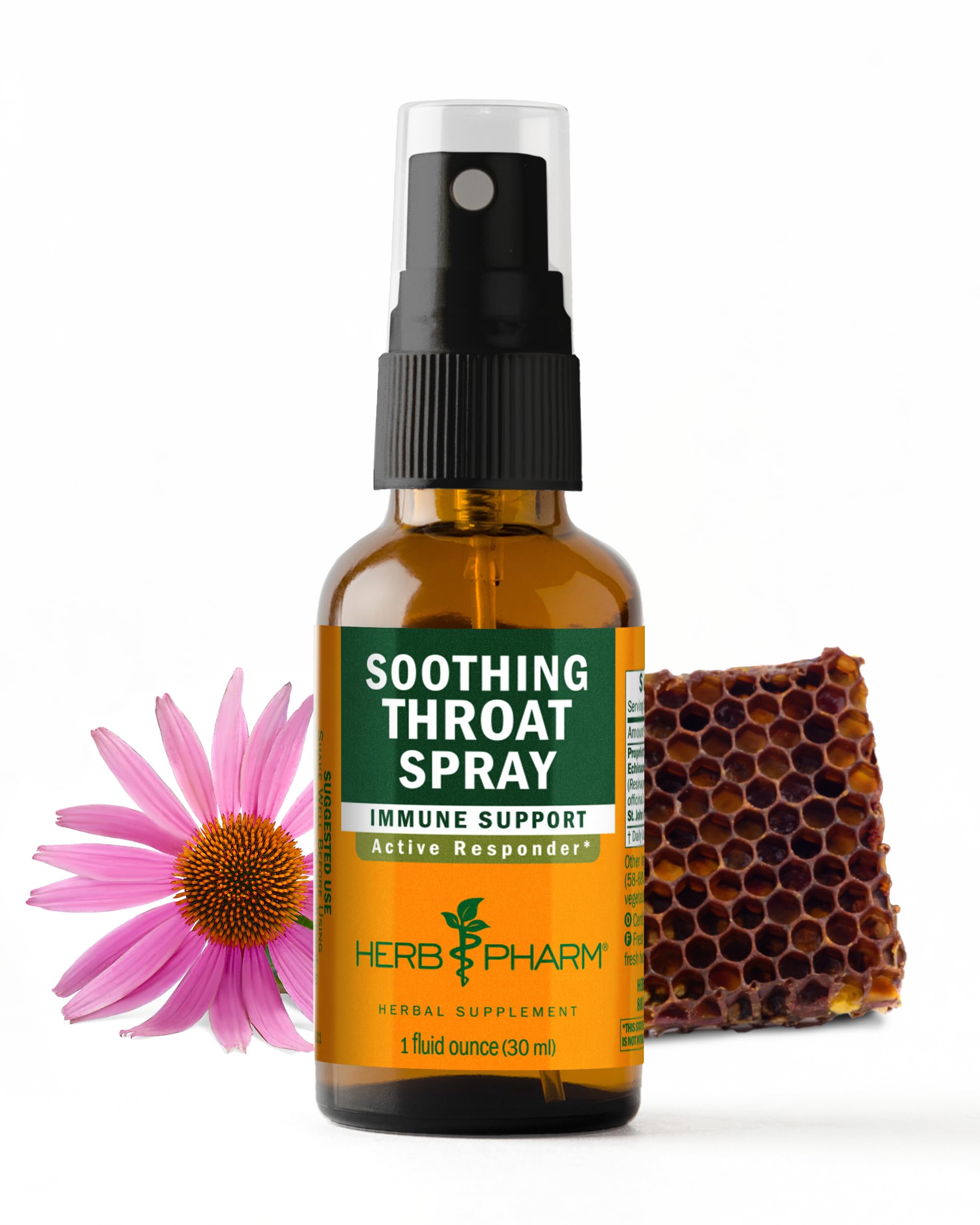 Herb Pharm frasco frontal del Soothing Throat Spray mostrando diseño y tamaño, fácil transporte