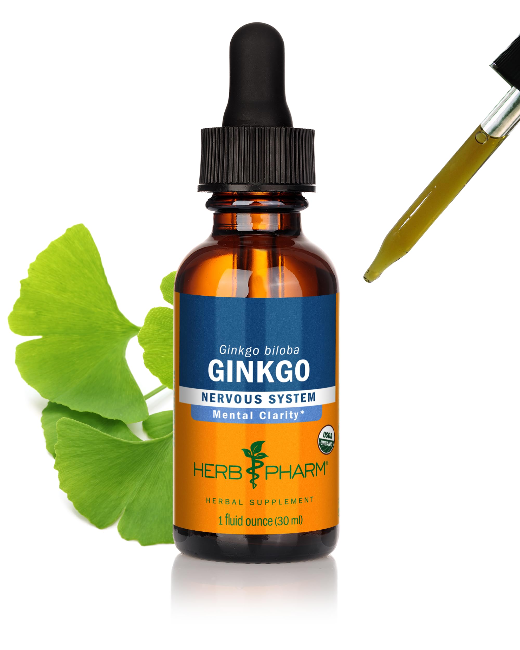 Herb Pharm botella frente mostrando producto orgánico y beneficios claros