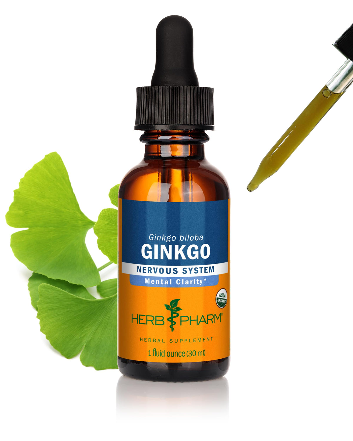 Herb Pharm botella frente mostrando producto orgánico y beneficios claros
