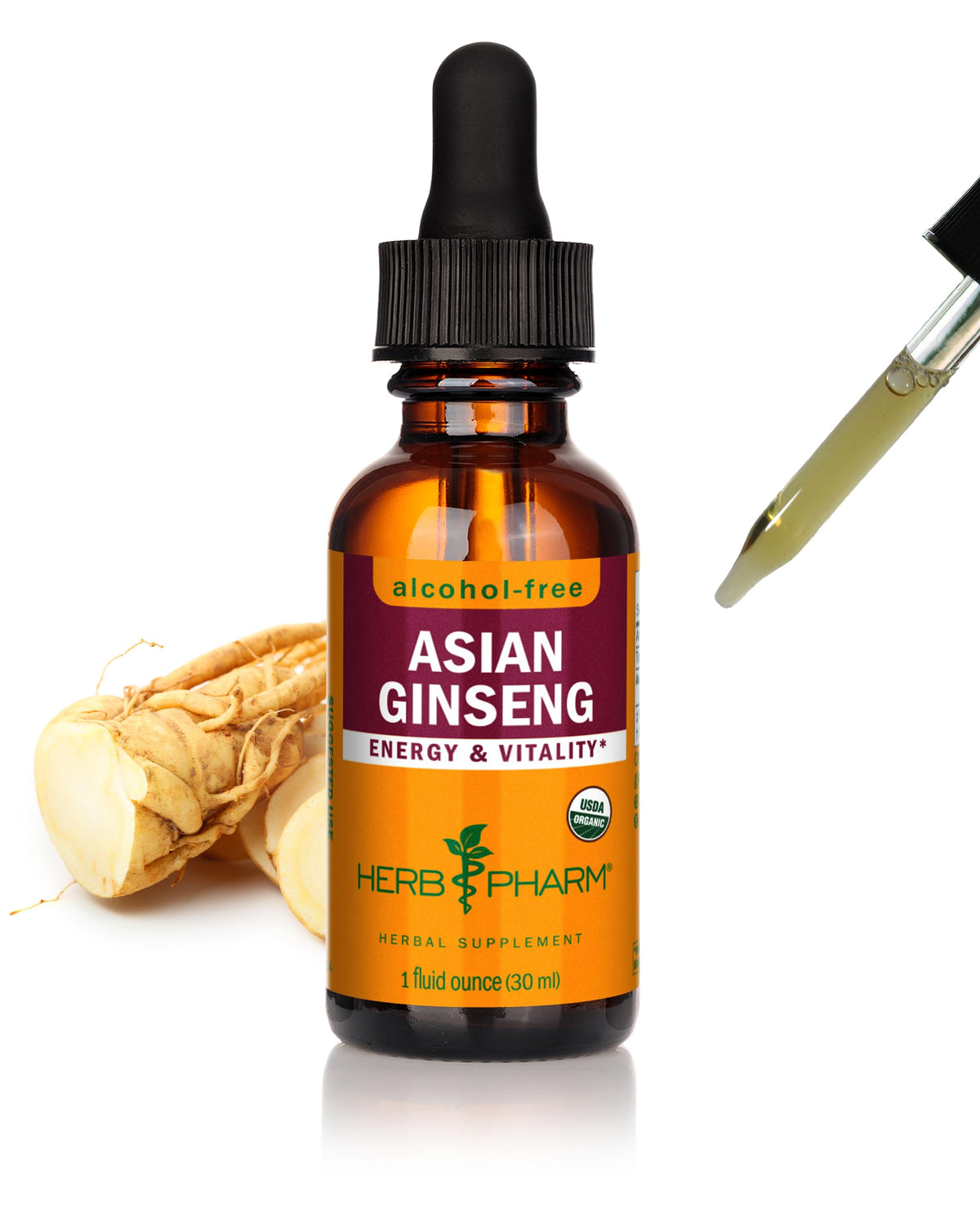 Herb Pharm botella frontal del glicerito de Panax ginseng con presentación clara y beneficios