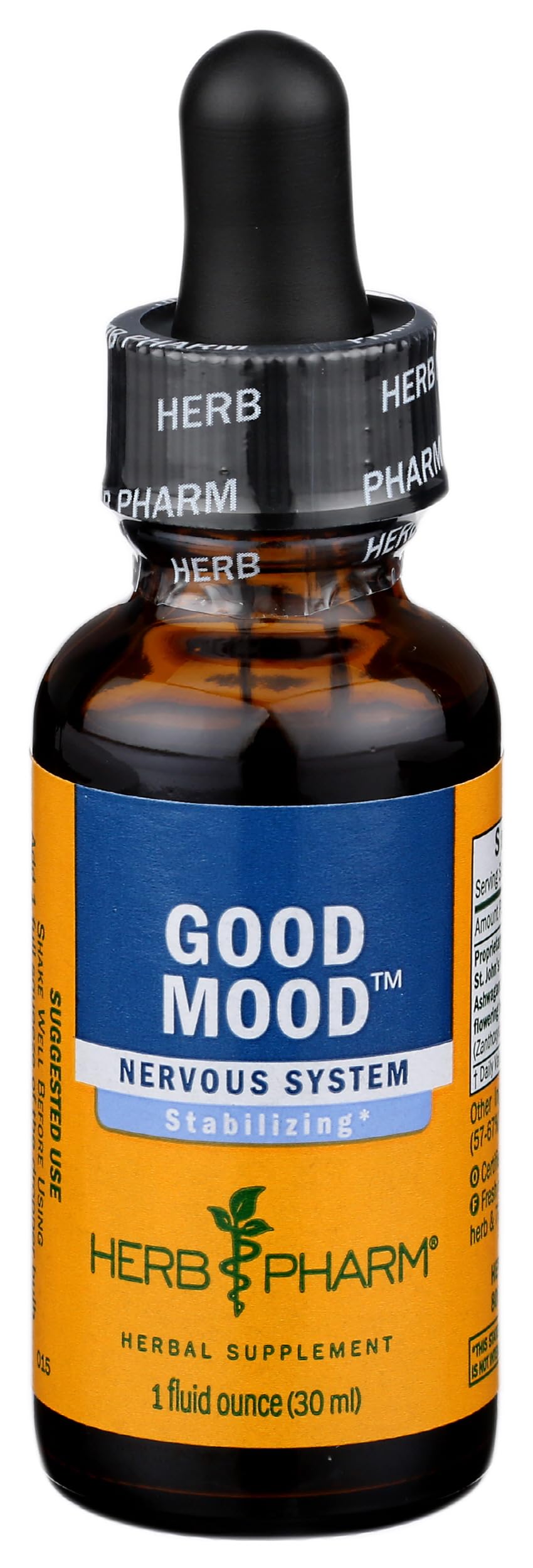 Herb Pharm botella junto a hojas de Hypericum indicando origen natural