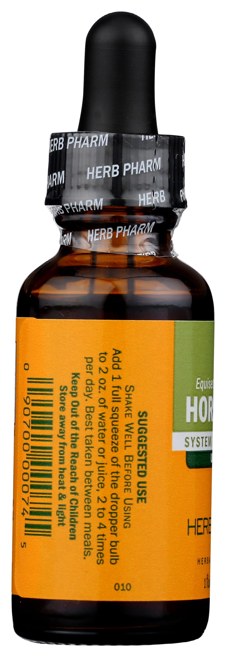 Comparación de tamaño del frasco Herb Pharm Horsetail 1 oz junto a una mano para referencia