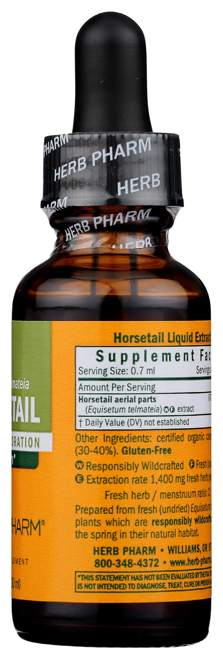 Etiqueta de Herb Pharm Horsetail enfocada en certificaciones HPTLC, sin gluten y no-GMO