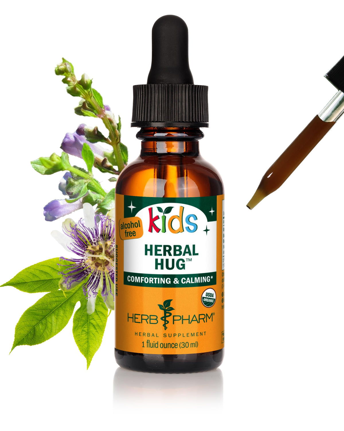 Herb Pharm frasco frontal del extracto Organic Kids Herbal Hug, presentación clara y segura