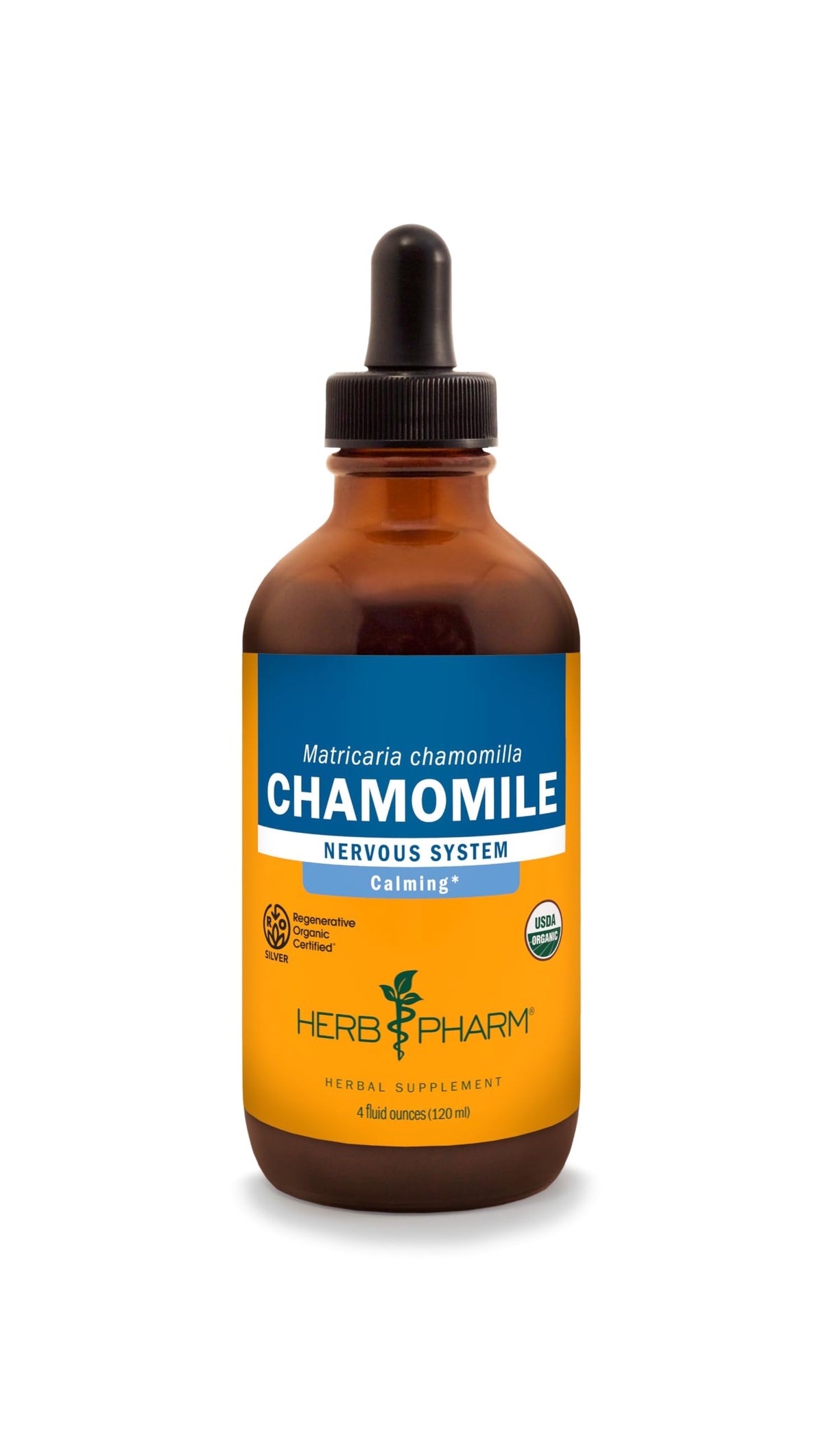 Herb Pharm frasco frontal de manzanilla orgánica mostrando etiqueta y droper, tranquilidad inmediata