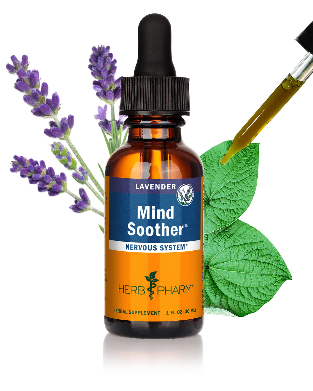 Herb Pharm Mind Soother frontal mostrando el frasco y la etiqueta legible, apoyo calmante