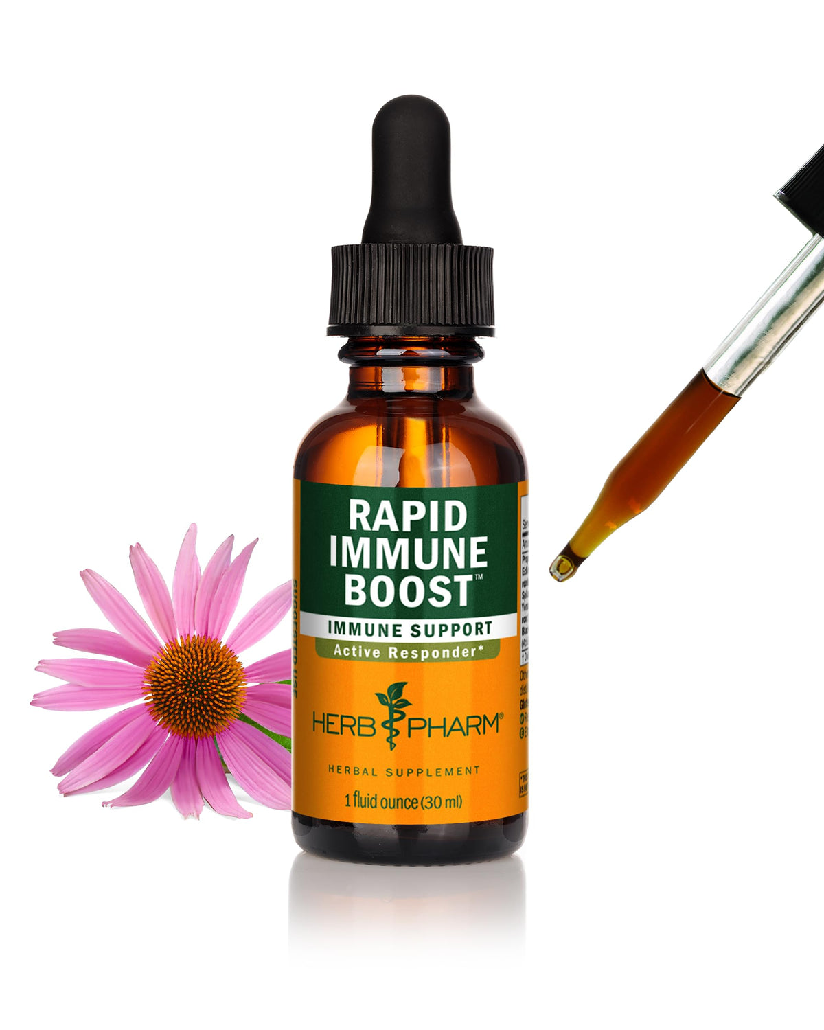 Herb Pharm frasco frente mostrando diseño y tamaño práctico