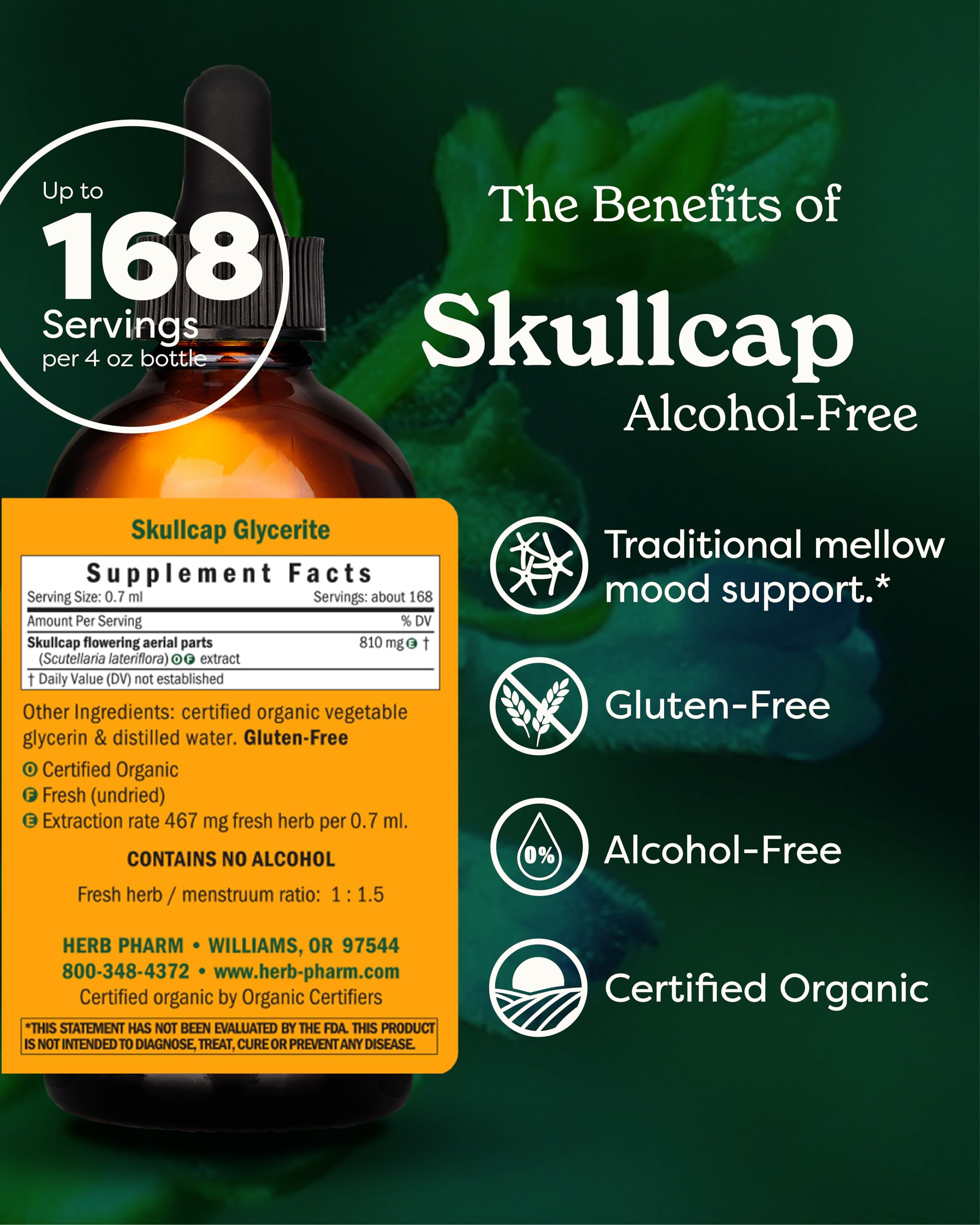 Herb Pharm etiqueta detallada de Skullcap que indica orgánico y sin azúcar