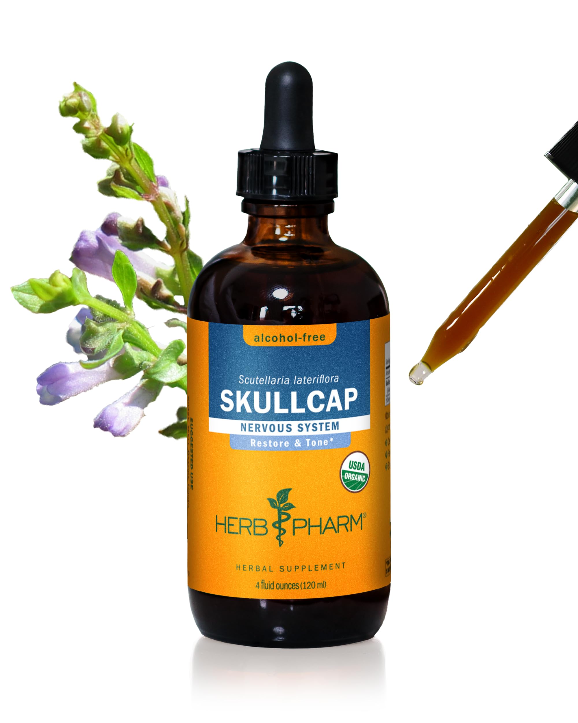 Herb Pharm botella frontal mostrando extracto Skullcap sin alcohol beneficio claridad