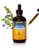 Herb Pharm botella frontal mostrando extracto Skullcap sin alcohol beneficio claridad