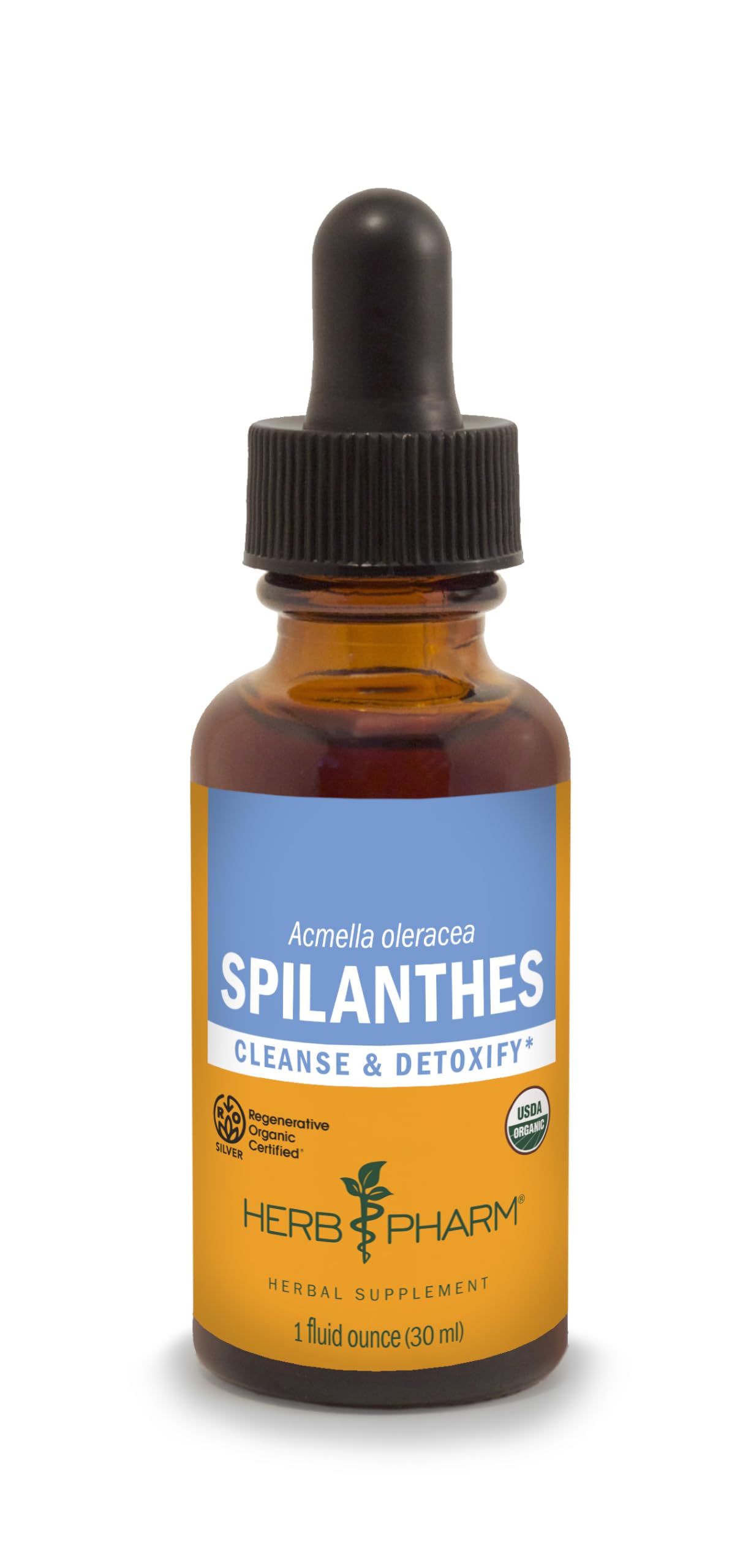 Herb Pharm botella frontal del extracto de Spilanthes mostrando diseño y tamaño práctico