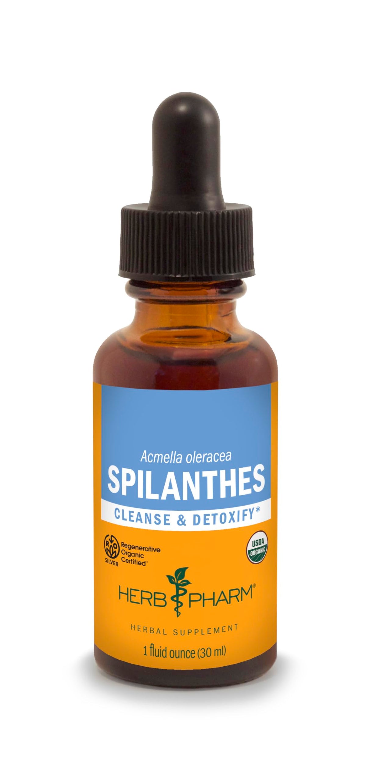 Herb Pharm botella frontal del extracto de Spilanthes mostrando diseño y tamaño práctico
