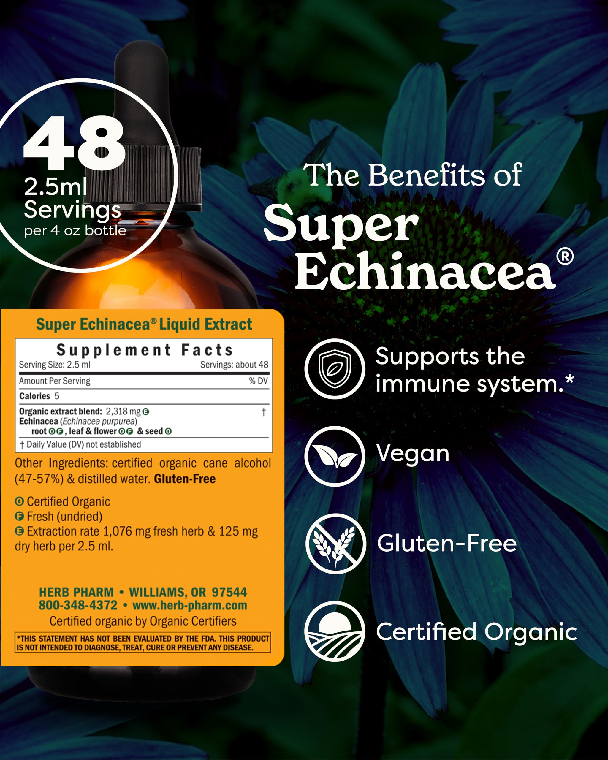 Primer plano de la etiqueta Herb Pharm con información de ingredientes y certificaciones