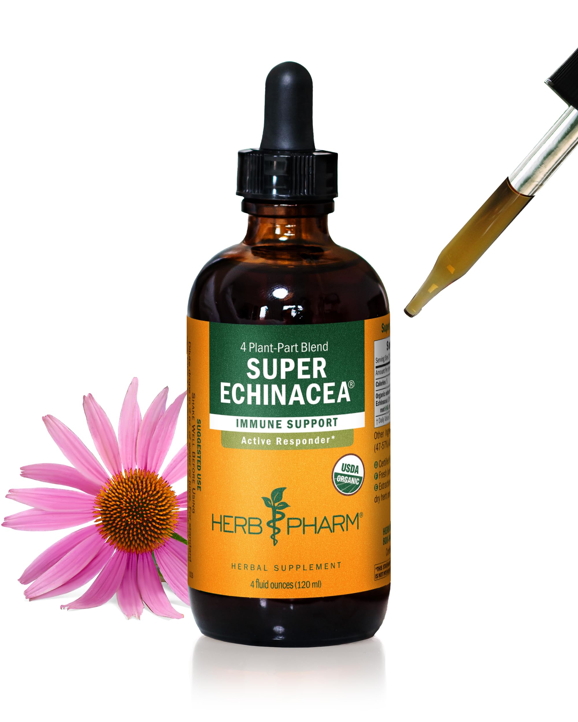 Herb Pharm botella frontal mostrando etiqueta y volumen 4 oz, confianza y origen orgánico