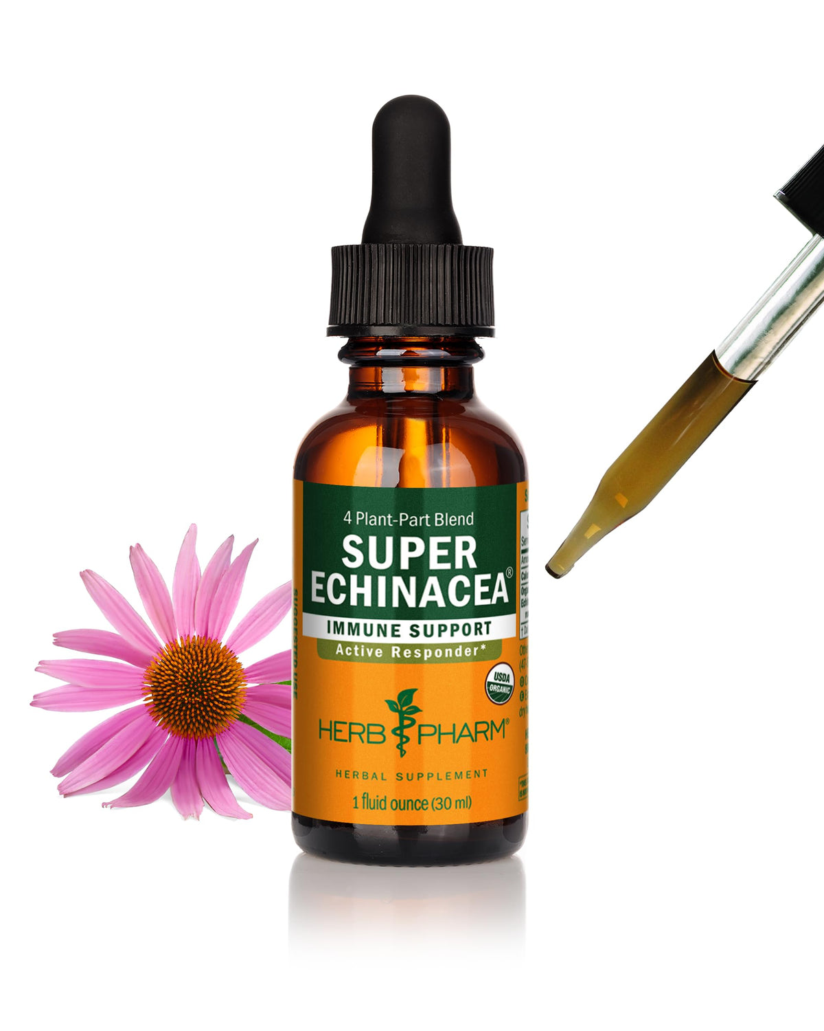 Herb Pharm frasco frontal mostrando la etiqueta y beneficio de apoyo inmunitario