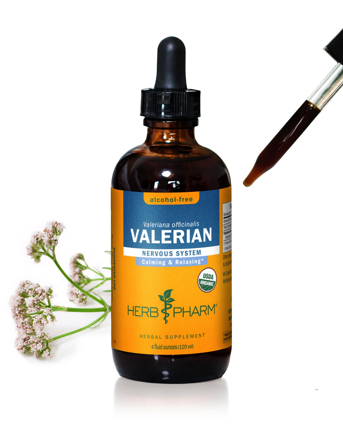 Herb Pharm botella frontal del extracto de valeriana sin alcohol mostrando diseño y volumen