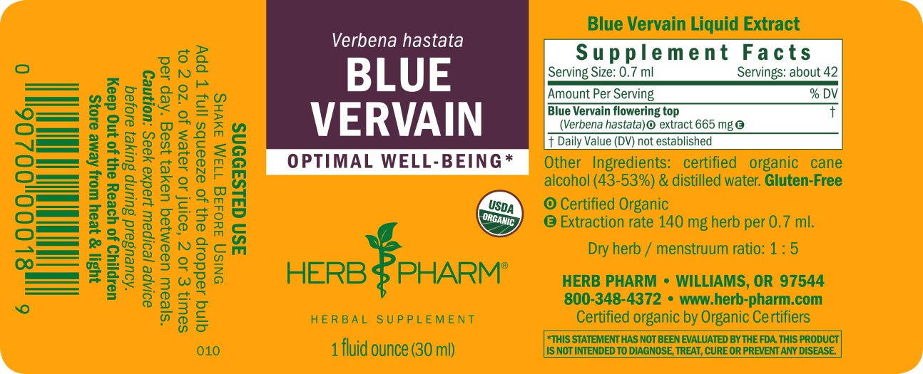 Comparación de tamaño del frasco Herb Pharm Vervain Azul junto a una moneda, portátil