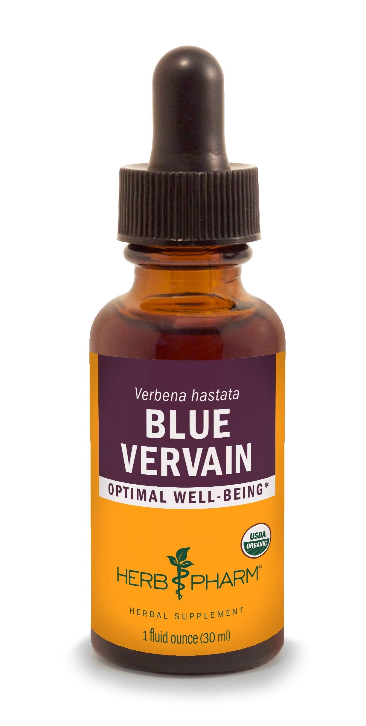 Herb Pharm frasco frontal de Vervain Azul mostrando etiqueta orgánica y volumen
