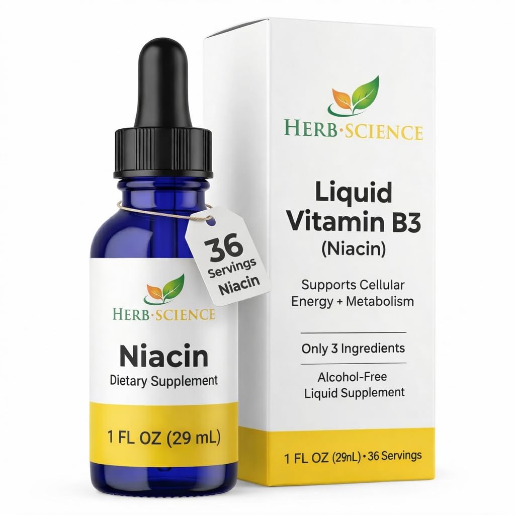 Herb-Science frasco frontal mostrando etiqueta clara y beneficio de niacina