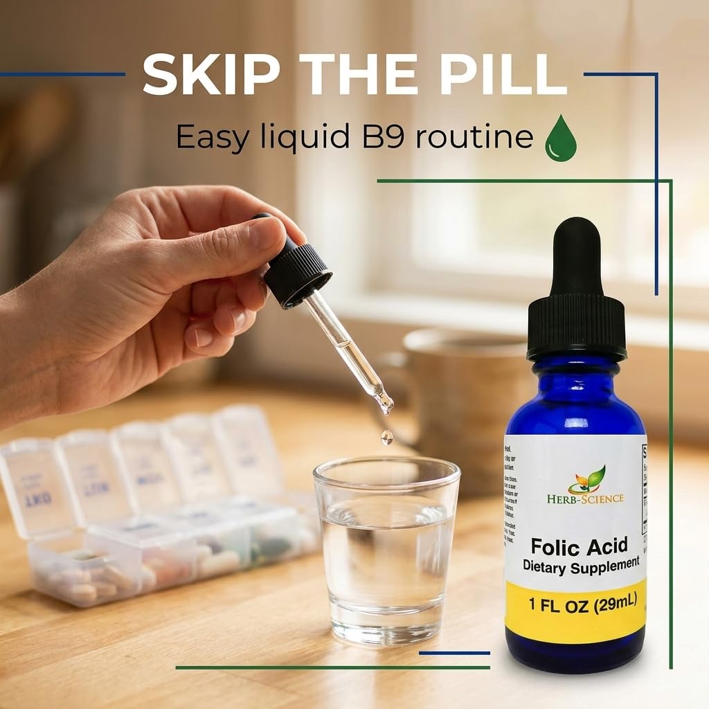 Herb-Science gotas mezcladas en bebida para tomar vitamina B9 con comodidad