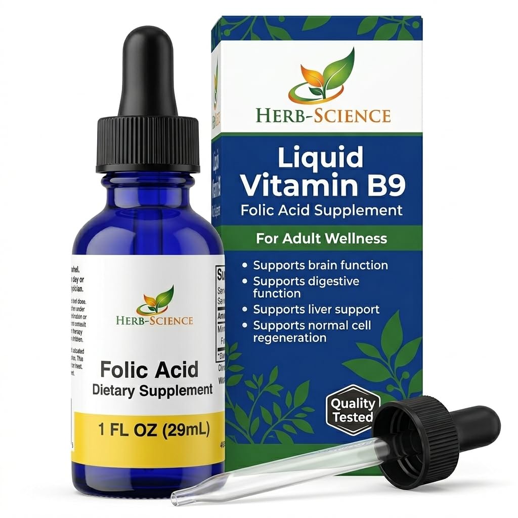 Herb-Science botella frontal de Vitamina B9 en gotas muestra diseño y tamaño