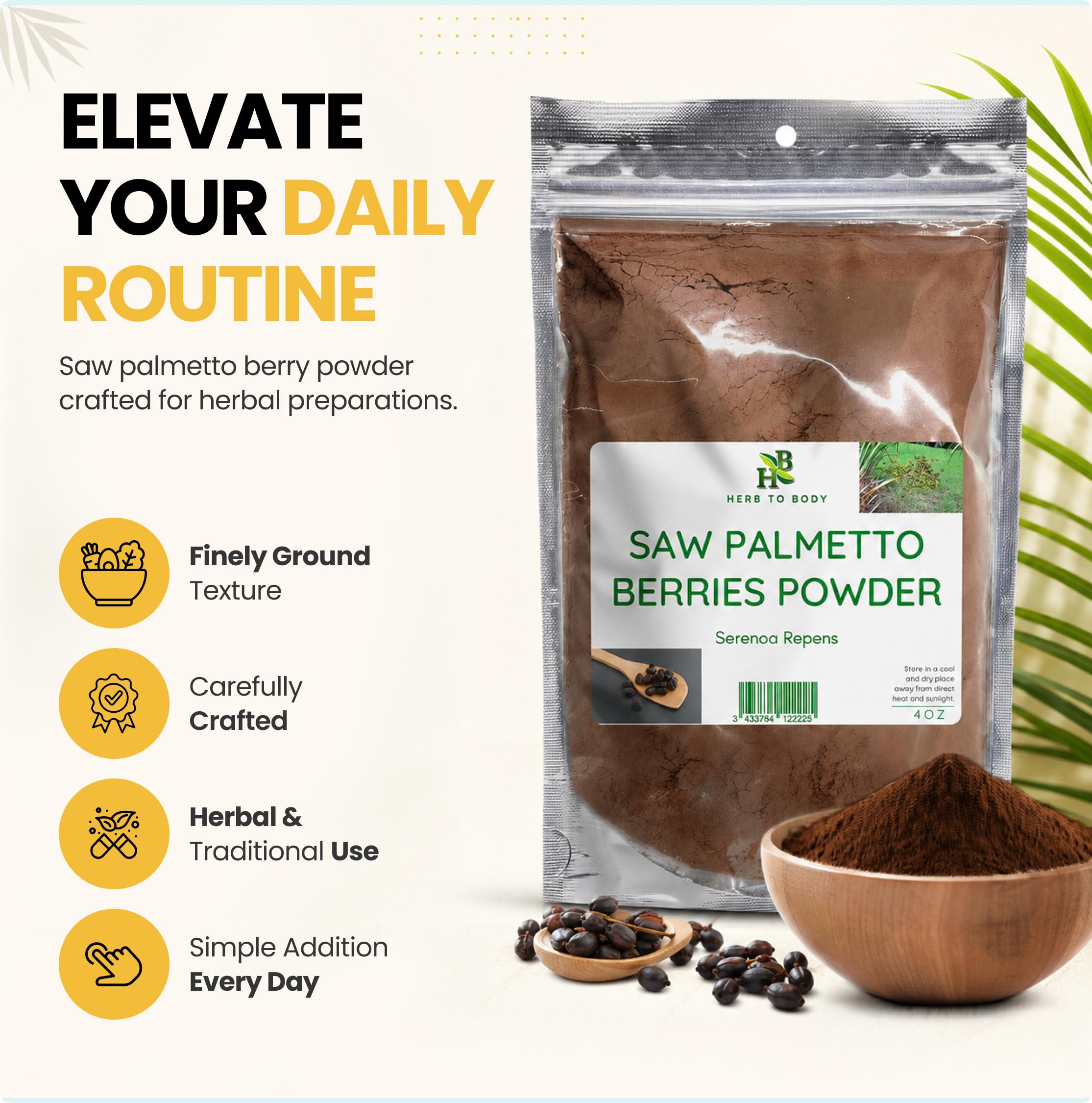 Herb To Body primer plano de textura y bolsa resellable, fácil conservación