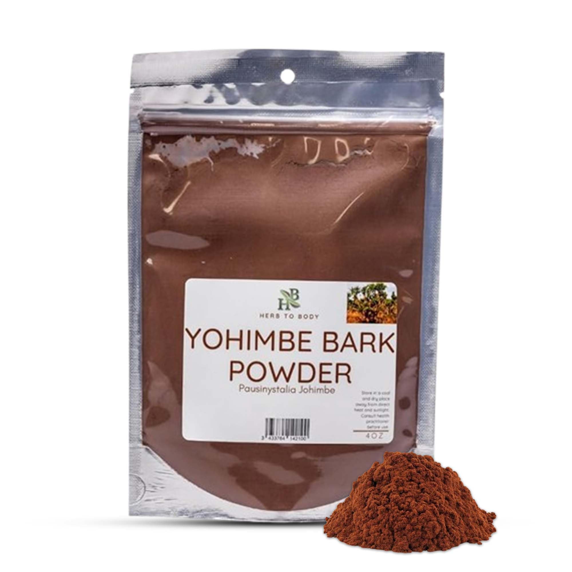 Herb To Body envase frontal mostrando polvo de Yohimbe y apariencia natural