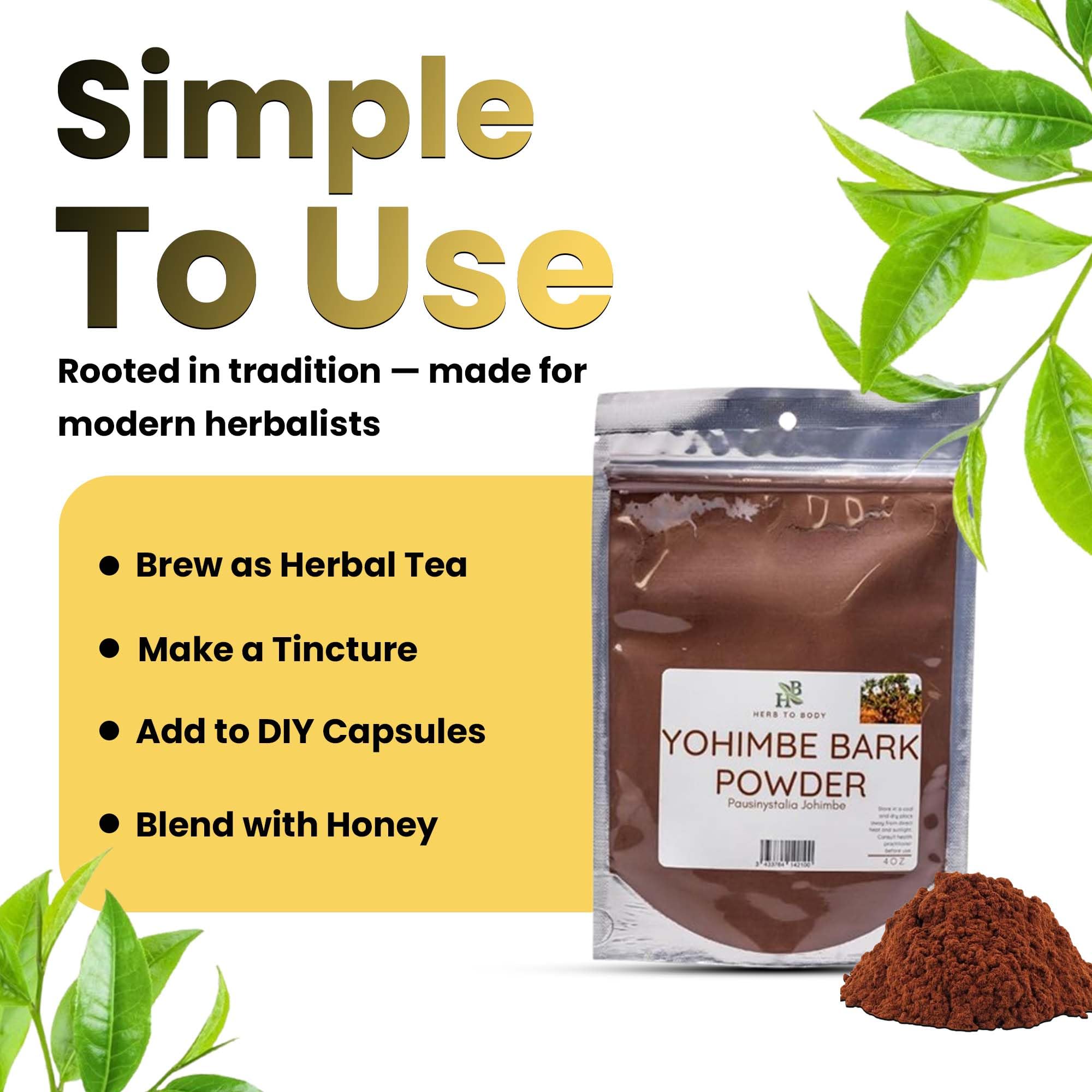 Herb To Body taza de té preparada con Yohimbe, muestra uso y aroma