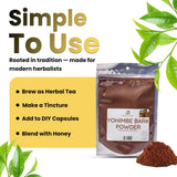 Herb To Body taza de té preparada con Yohimbe, muestra uso y aroma