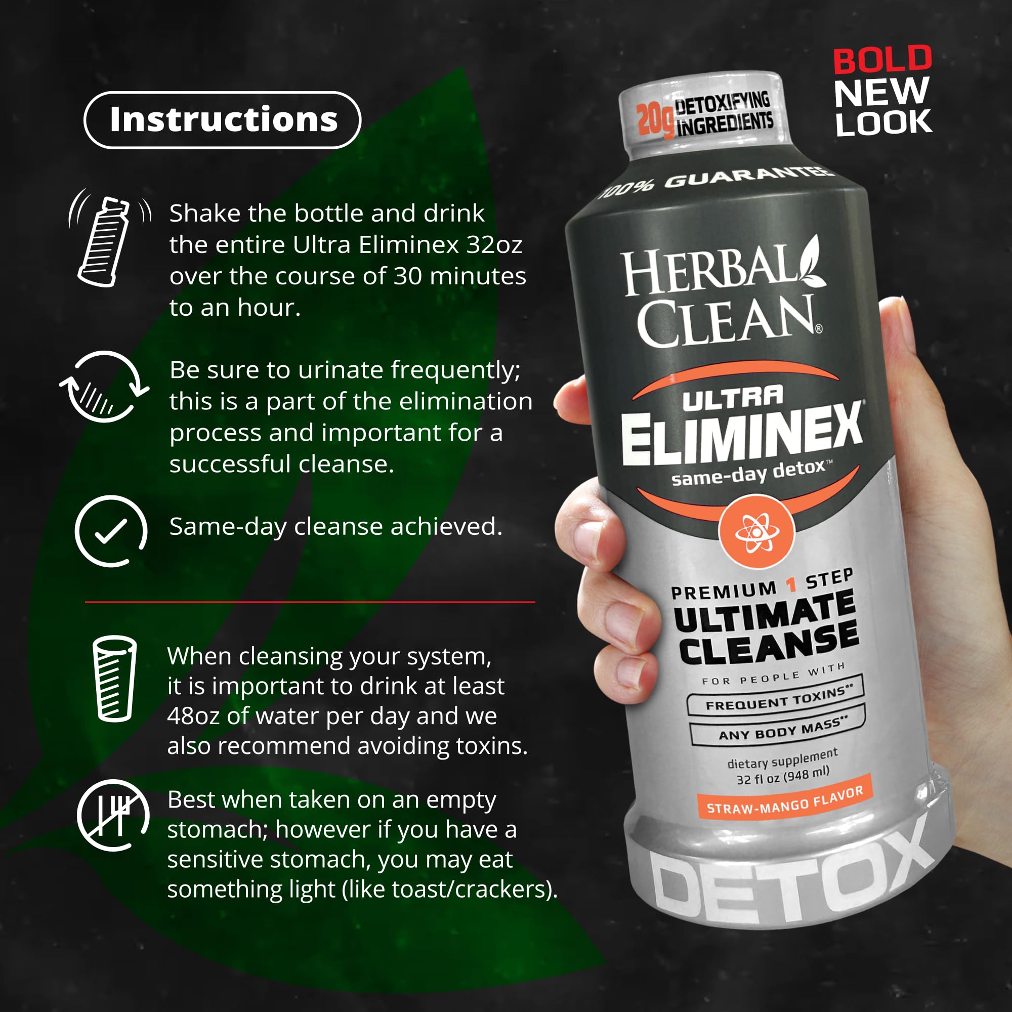 Herbal Clean bebida en uso vertiéndose en vaso, muestra método de toma simple y práctica