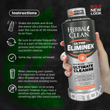 Herbal Clean bebida en uso vertiéndose en vaso, muestra método de toma simple y práctica
