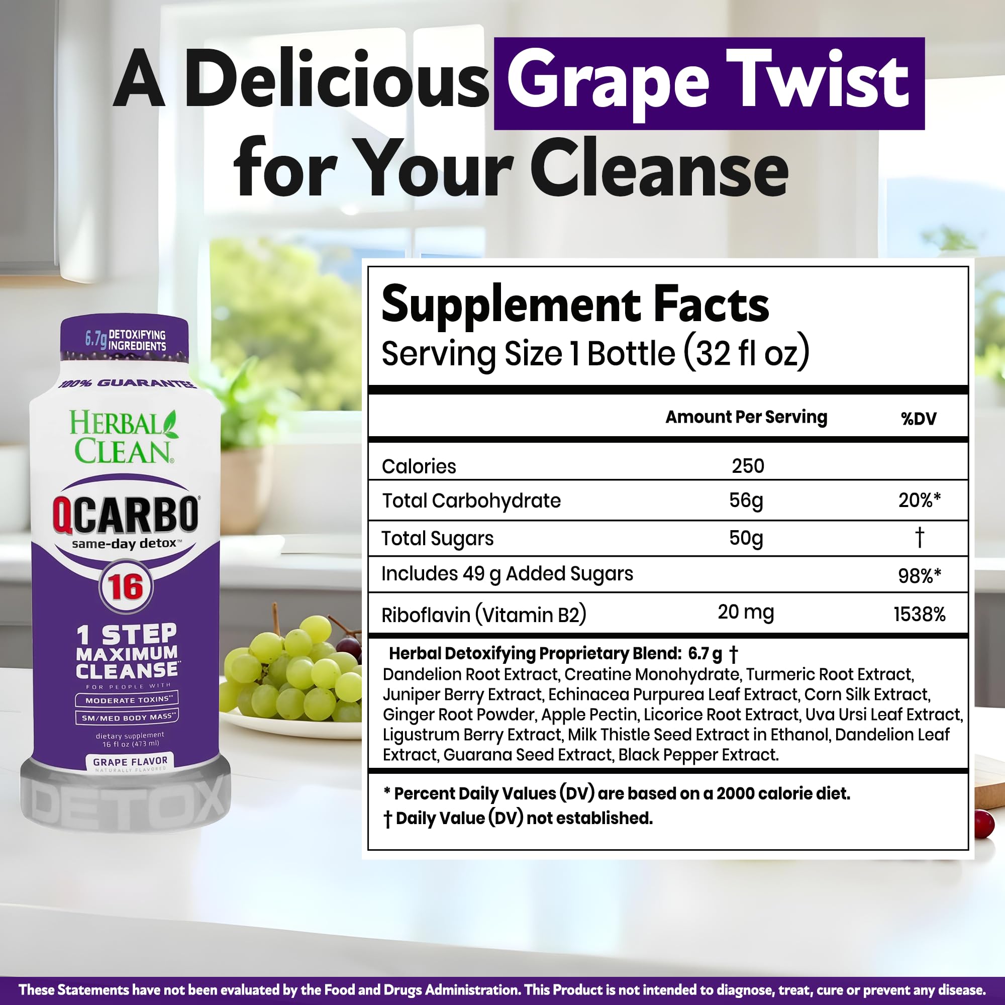 Herbal Clean Qcarbo16 botella abierta con etiqueta visible, uso sencillo y práctico