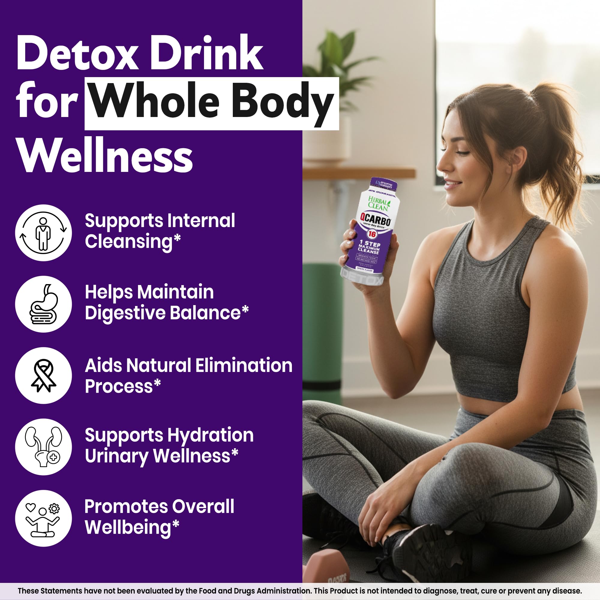 Herbal Clean Qcarbo16 comparación de tamaño en mesa, envase de 16 fl oz claro