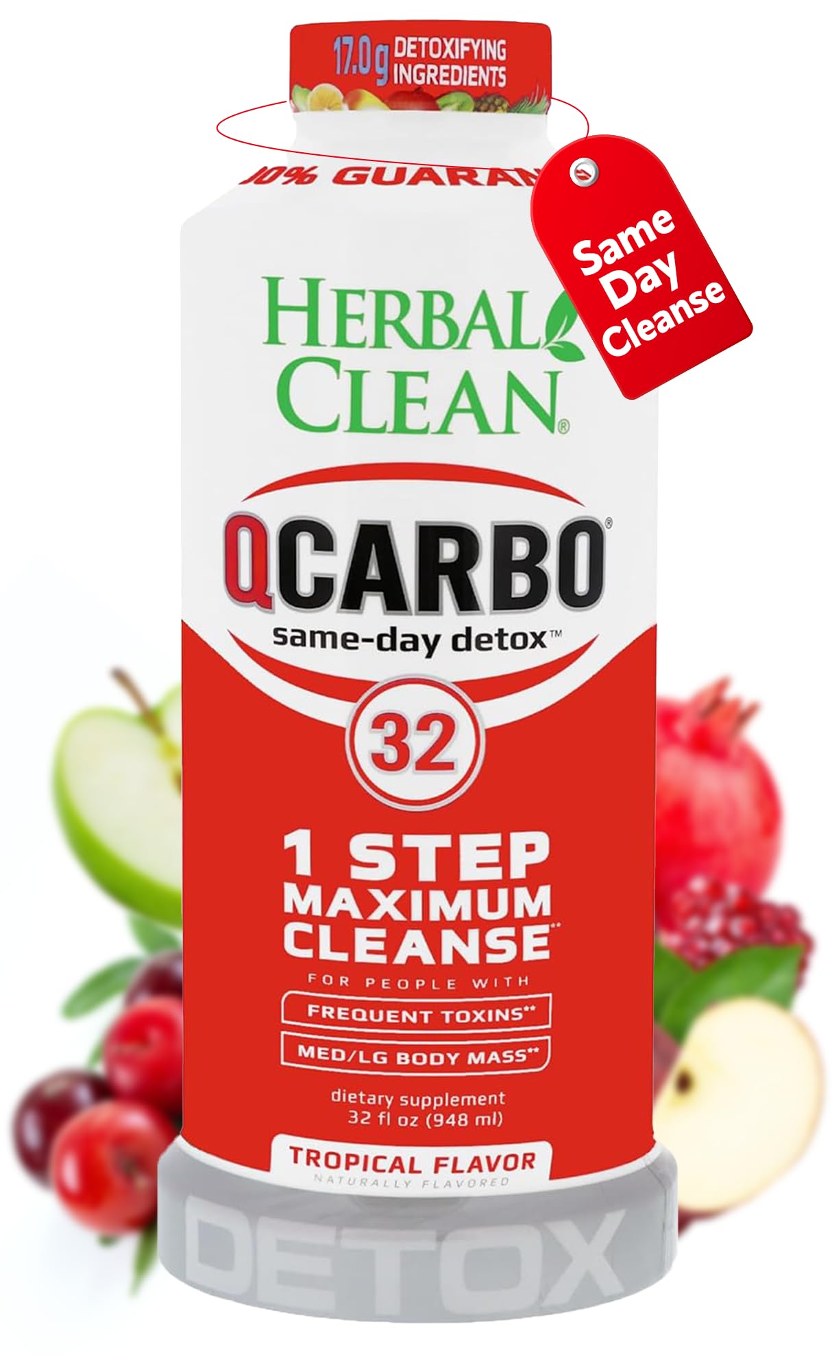 Herbal Clean Qcarbo32 frente del envase mostrando el sabor tropical y uso fácil