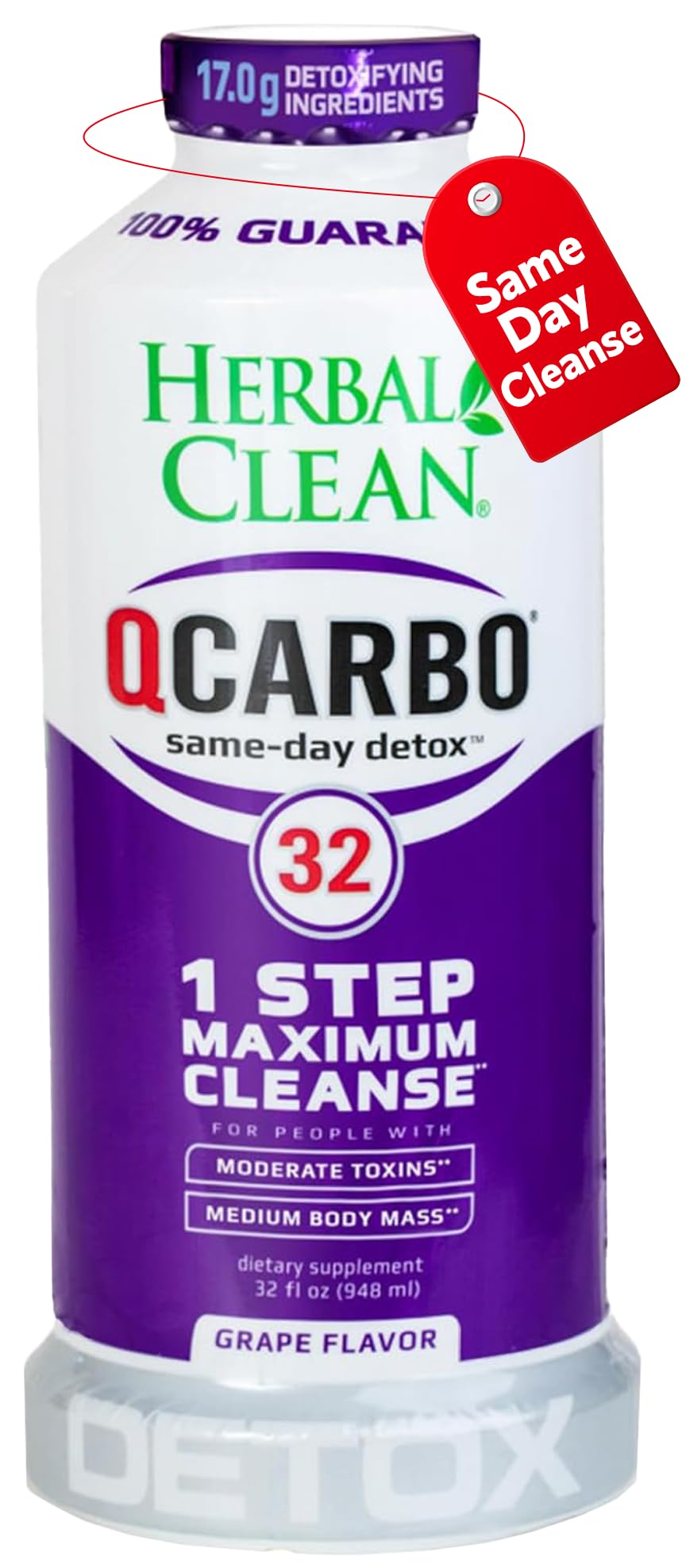 Herbal Clean qcarbo32 frente botella y etiqueta clara, práctico para un día