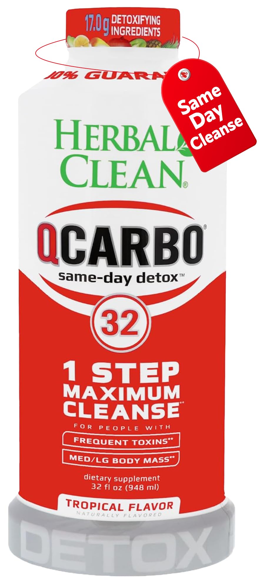 Herbal Clean Qcarbo32 vista frontal del envase mostrando sabor Tropical y tamaño