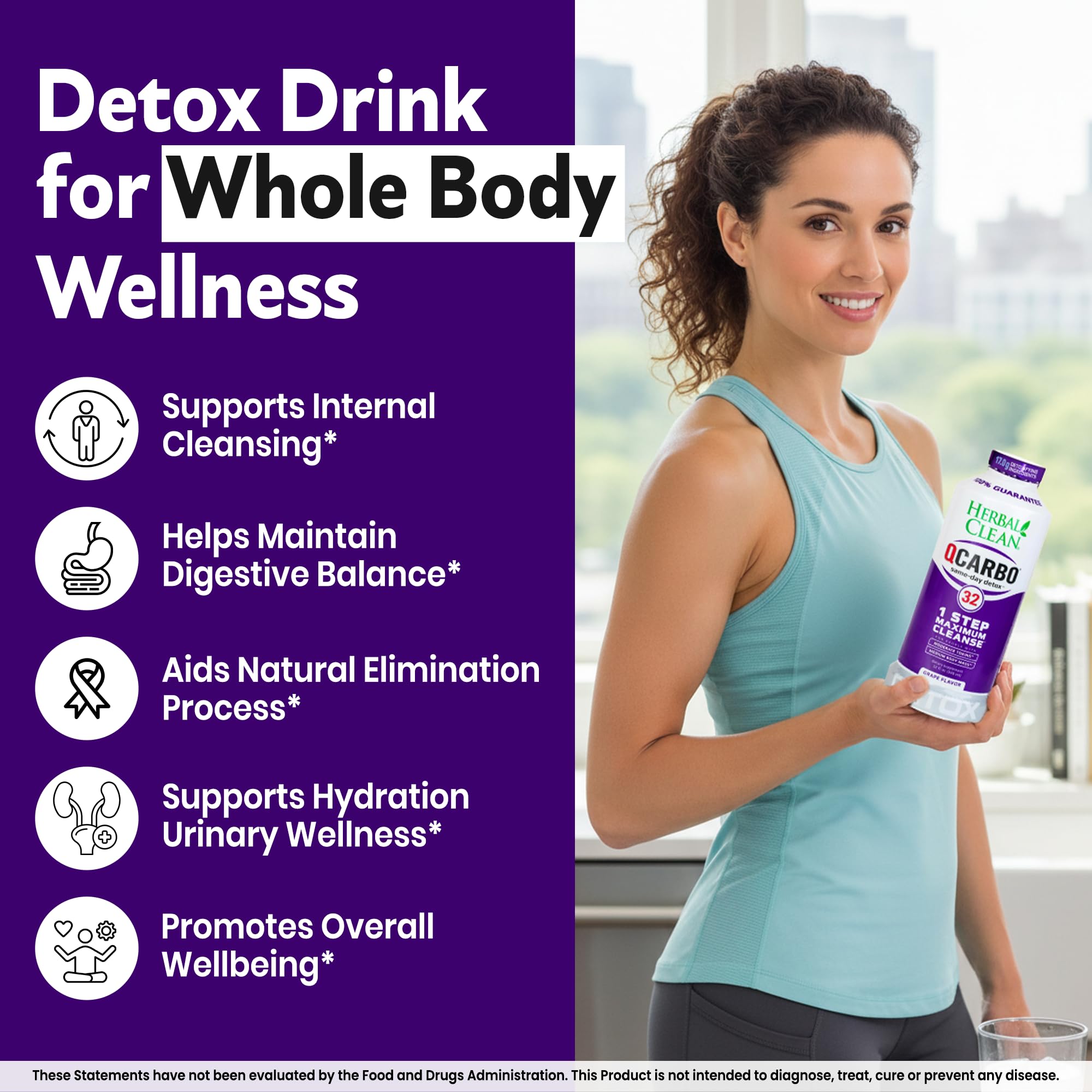 Herbal Clean qcarbo32 ingredientes principales en primer plano, muestra mezcla herbal