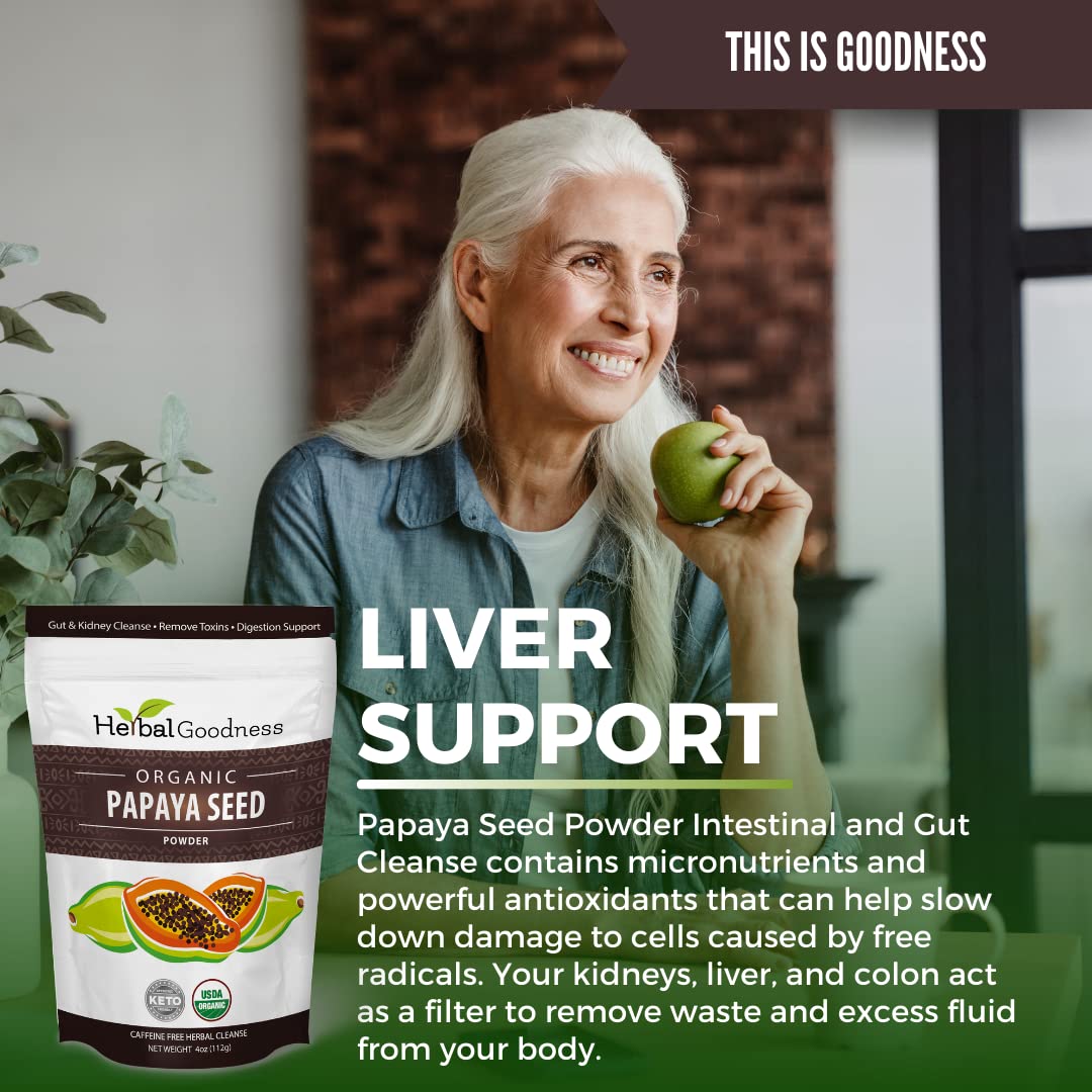 Herbal Goodness comparación de tamaño con cuchara para guiar la dosificación