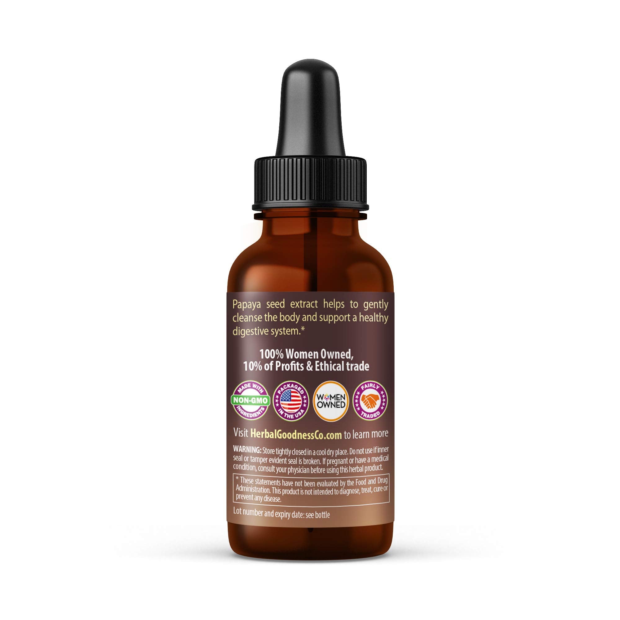 Herbal Goodness gota del dosificador que muestra uso y dosificación precisa