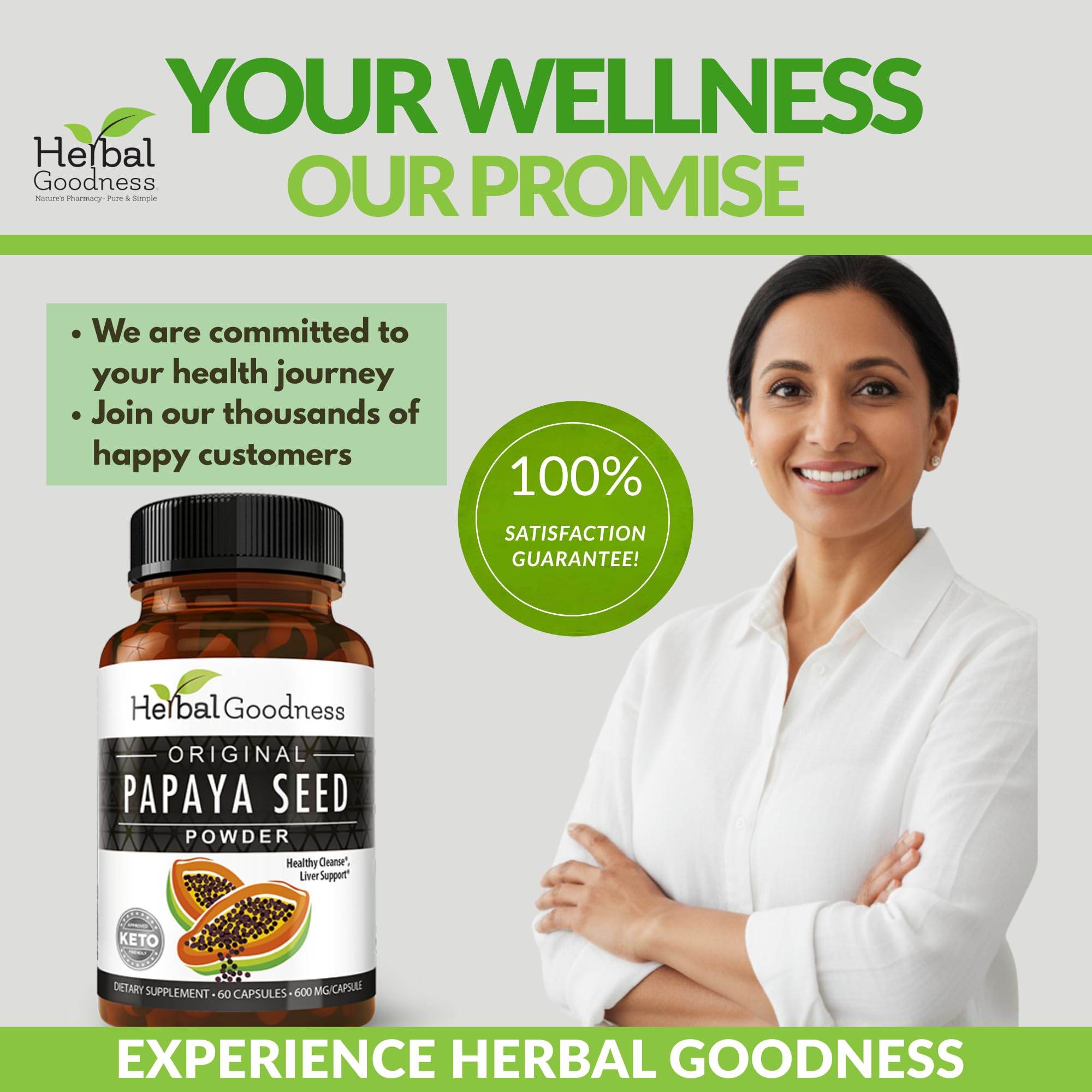 Herbal Goodness frasco sobre mesa de cocina sugiere uso diario práctico