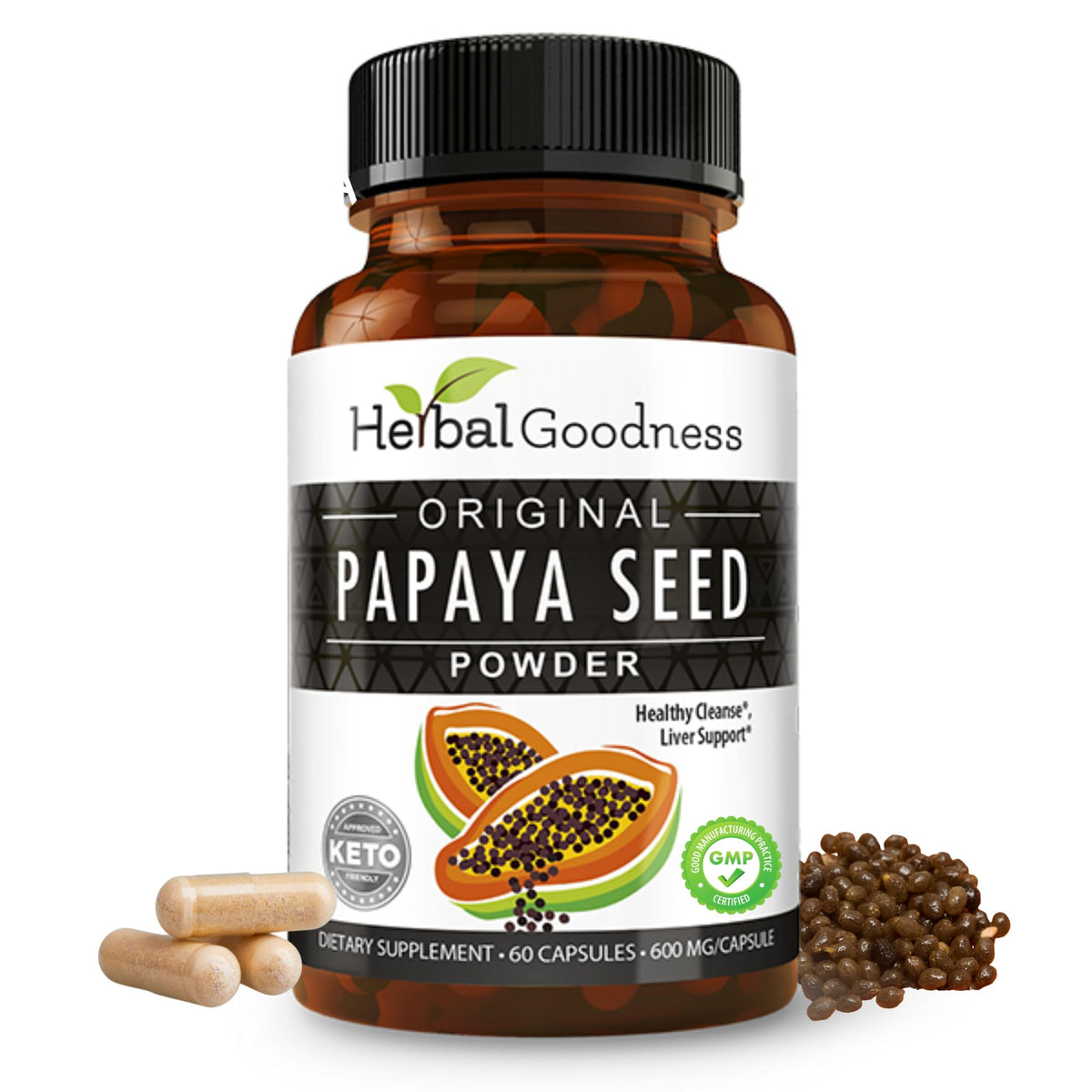 Herbal Goodness frasco delantero mostrando etiqueta orgánica y beneficios