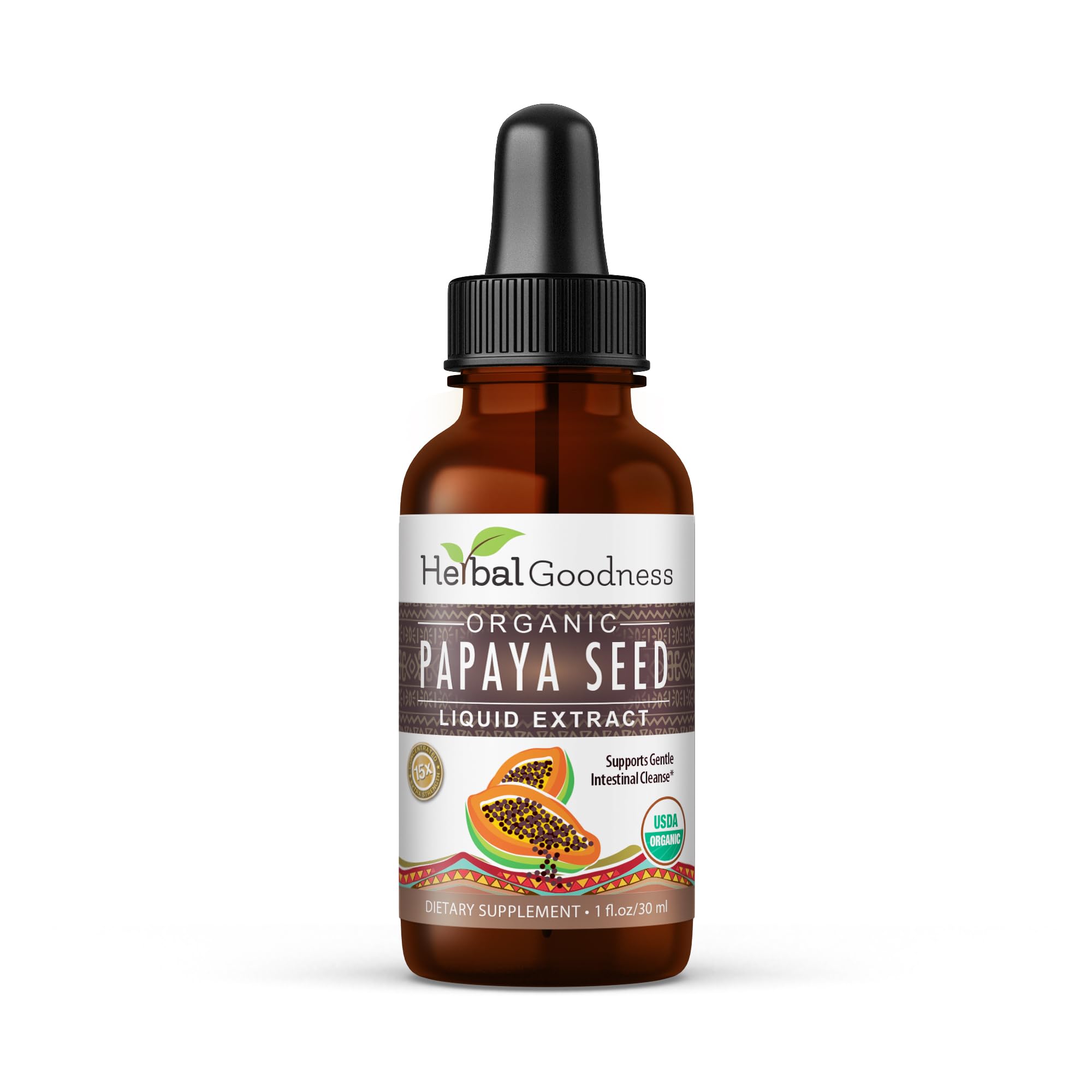Herbal Goodness frente del envase mostrando 1oz y beneficios digestivos