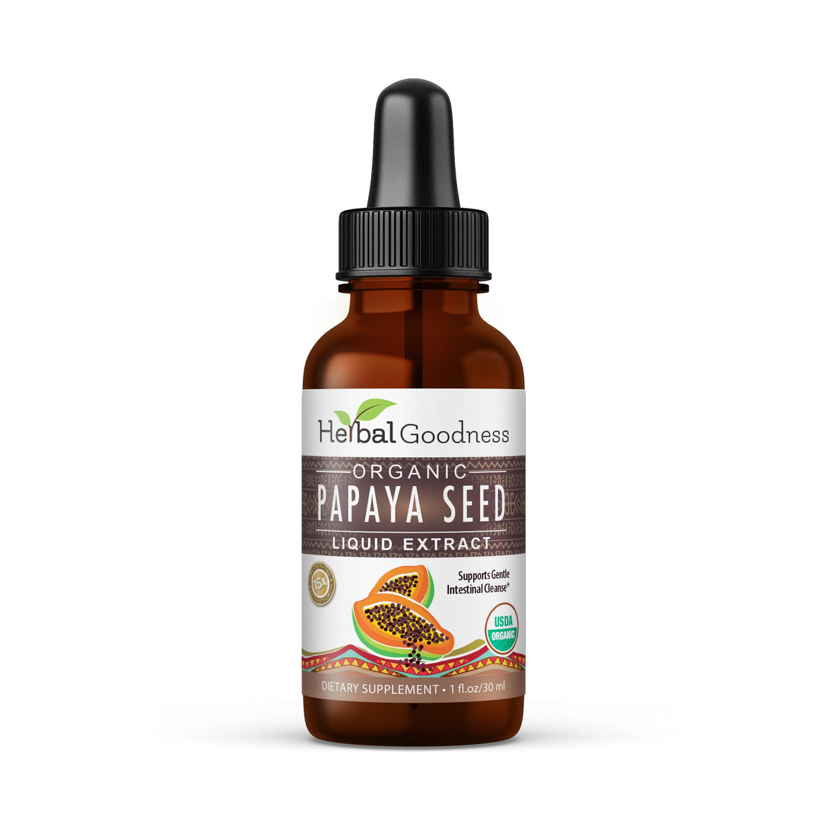 Herbal Goodness frente del envase mostrando 1oz y beneficios digestivos
