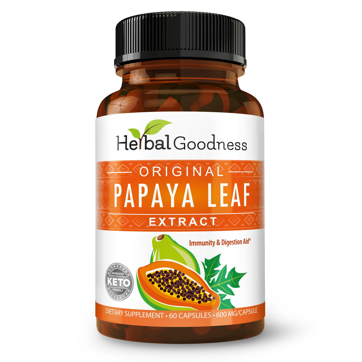 Herbal Goodness envase frontal mostrando 60 cápsulas y beneficios