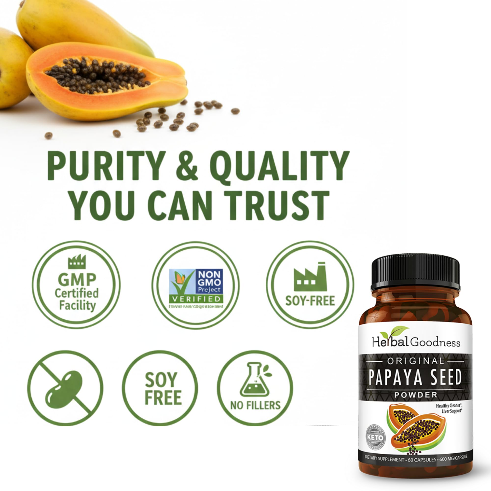 Herbal Goodness presentación junto a papaya fresca que ilustra origen natural